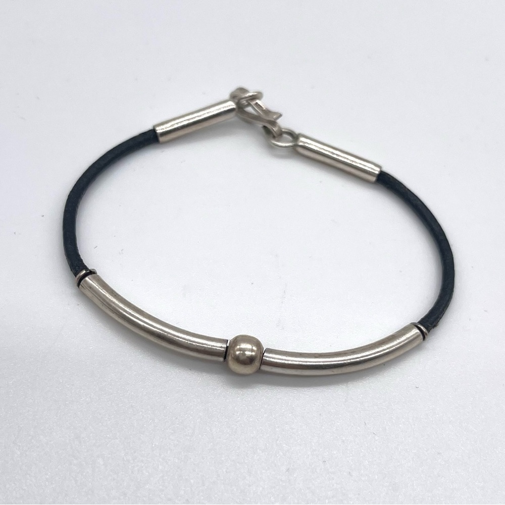 925 Sterling Silver and Leather Tube Bracelet - Picture 4 of 4